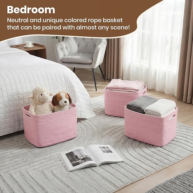 Storage Baskets for Organizing, 14 x 10 x 9” Closet Shelf Woven Baskets, Square Bins with Handles, Cotton Rope Basket for Toys, Clothes, Office, Room, Pink 3 Pack