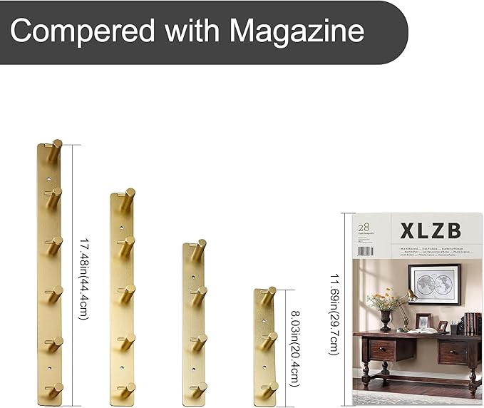 Adhesive Bathroom Gold Hook Rail, 6 Brushed Gold Wall Key Hooks Rack Hanger Towel Robe Stick Door Hooks for Bathroom Toilet Entryway Hallway Kitchen Wall Mounted