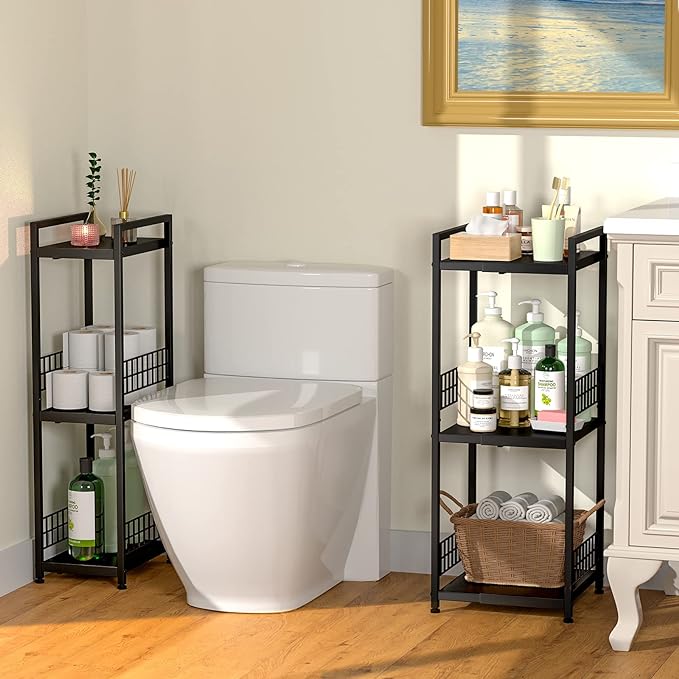 3-Tier Metal Shelving Unit, Expandable, Free-Standing, Narrow, Open Floor Shelves, Ideal for Bathroom, Kitchen, Laundry, Storage, Organization