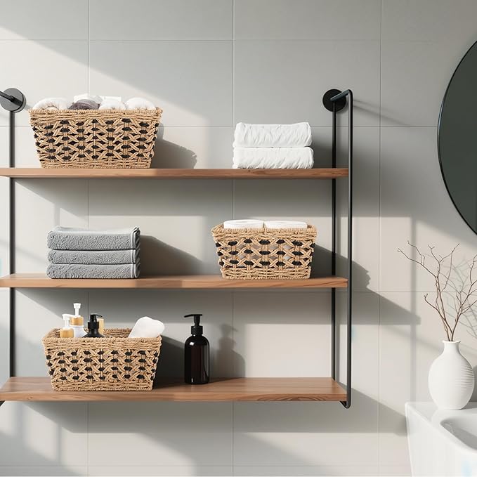 OIAHOMY Wicker Storage Baskets, Paper Rope Shelf Bins, Decortive Baskets for Organizing, Set of 3-Yellow & Black