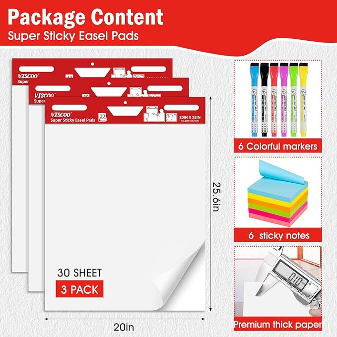 Thickened Sticky Easel Pad, 20 x 23 Inches Flip Chart Paper for Teachers,Giant Self-Stick Chart Paper for Wall, Anchor Chart Paper for Office Classroom with Sticky Note, 90 Sheets/3 Pads