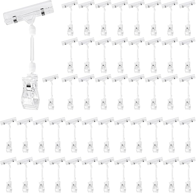 Clear Sign Clips on Merchandise Display 50 Pack Plastic Label Pop Clips on Sign Holder Shelf Double Sided Swivel Price Tag Clips on Clothing Rack Signs Rotatable Menu Clips for Sale Retail Display