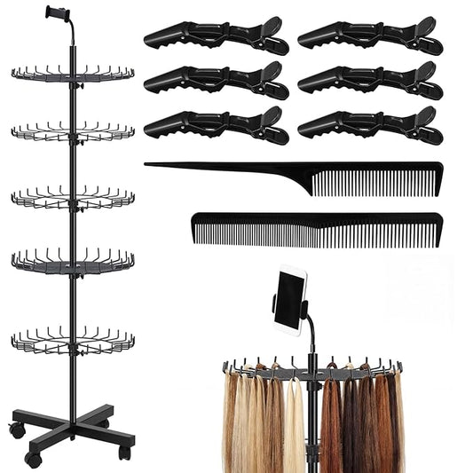 Braiding Rack Standing Hair Extension Holder with Tray 140 Pegs Height Adjustable Separator with Phone Holder Stylist Braiding Tools Accessories for Displaying and Separating Hair