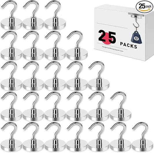 LOVIMAG Magnetic Hooks for Cruise Cabins, 85lbs Magnetic Hooks for Classroom, Strong Magnets with Hook for Hanging, Neodymium Magnet Hook for Fridge, Ceiling, Locker, Camper, Travel-25 Pcs
