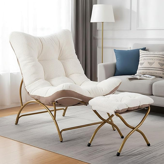 Welnow Modern Accent Chair with Ottoman, Upholstered Comfy Lounge Recliner Sofa, Thick Cushion Oversized Lazy Reading Chair with Footrest for Living Room, Bedroom, Apartment, Office, Dorm, Beige