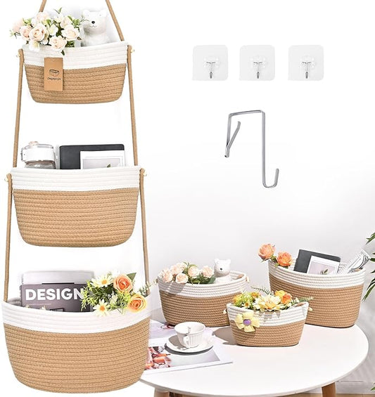Hanging Storage Baskets, Over the Door Basket, Cotton Wall Baskets Storage, Hanging Door Basket with 4 Hooks