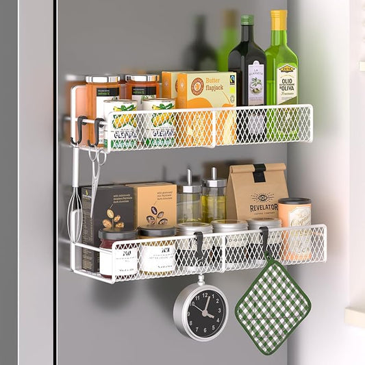 Magnetic Spice Rack for Refrigerator, 2 Pack 100% Metal Strong Magnet Shelf, Space Saving Spice Organizer W/ Hooks, Movable Magnetic Fridge Shelf, Kitchen Home Laundry Room Storage Organization, White
