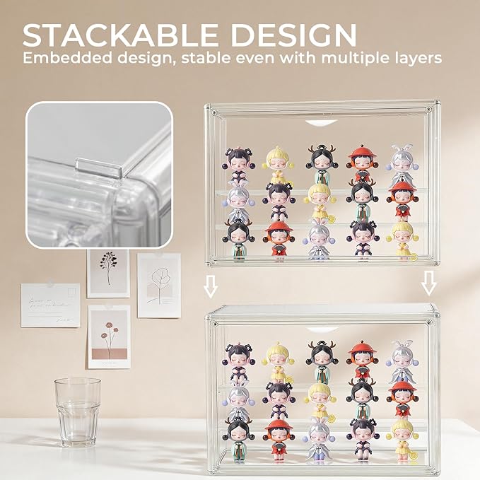 Clear Acrylic Display Case for Collectibles 3 Layer Adjustable Figure Display Box with 2 Movable Plates, Stackable Figurine Display Shelf with Magnetic Door for Action Figures, Funko (Large-1pcs)