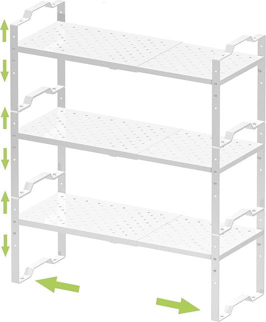 Expandable Shelf for Cabinet Organizer Adjustable Stackable Spice Rack at Kitchen and Bathroom More, Counter Countertop Cupboard Organization Pantry Storage(3 Packs/White,Medium)