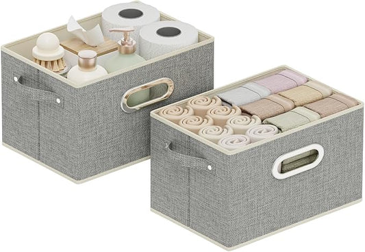 Fabric Open Storage Bins with Metal Handles, Collapsible Organizer Baskets, Foldable Cube Boxes for Shelves, Closet, Living Room, 10.2x7.9x6.7in, Grey, 2 Pack