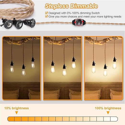 Pendant Light Cord Kit with Dimmer Switch, 28.5ft Dimmable Plug in Hanging Light with Triple E26 Base Light Socket, Vintage Twisted Hemp Rope Farmhouse Hanging Light Fixture for Bedroom Living Room