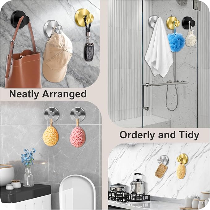 Herda Shower Hooks for Inside Shower, Reusable Stainless Steel Heavy Duty Suction Cup Hooks for Windows, Glass Door, Mirror, Tile, Waterproof Drill-Free Towel Hooks, Holds Up to 15 Lbs - 4 Pack, Black
