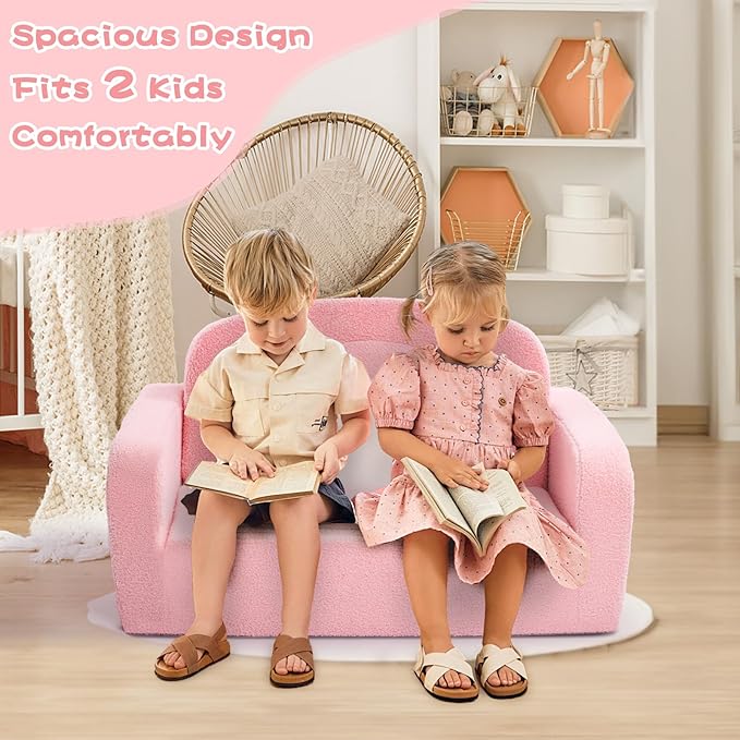 Extra Wide Kids Couch, 2-in-1 Soft Toddler Couch with Blanket, Comfy Toddler Chair, Convertible Sofa with Cute Rainbow Design, Pink