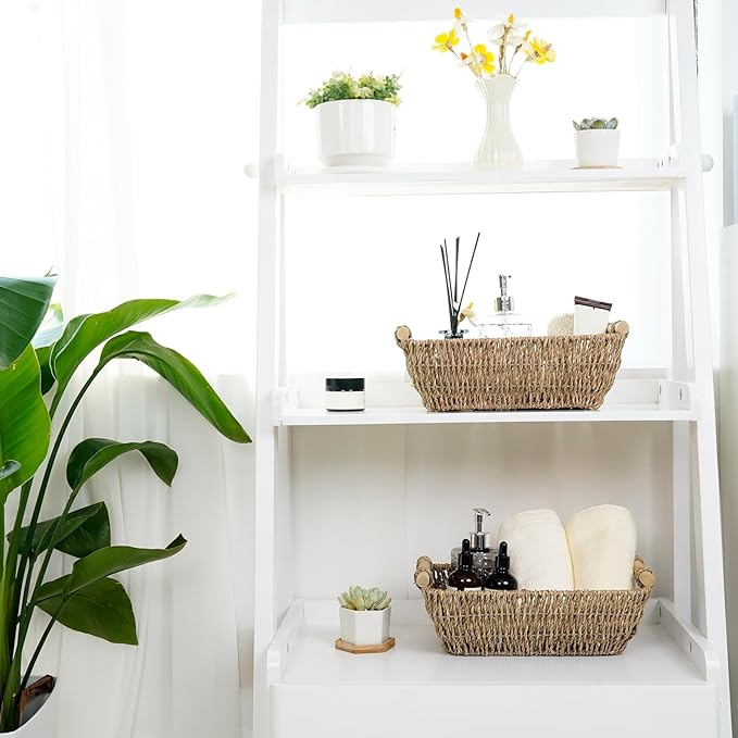 Small Wicker Baskets for Organizing, Hand Woven Seagrass Baskets with Wooden Handles, Decorative Woven Baskets for Storage, Pantry, Bathroom & Shelves, 2-Pack