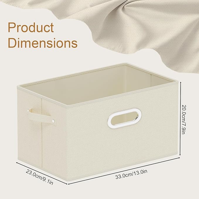 Foldable Cloth Basket with 4 Handles, Decorative Open Storage Boxes, Stackable Cube Organization, Fabric Bins for Shelves, Closet, Living Room, 13x9.1x7.9in, Beige, 2 Pack