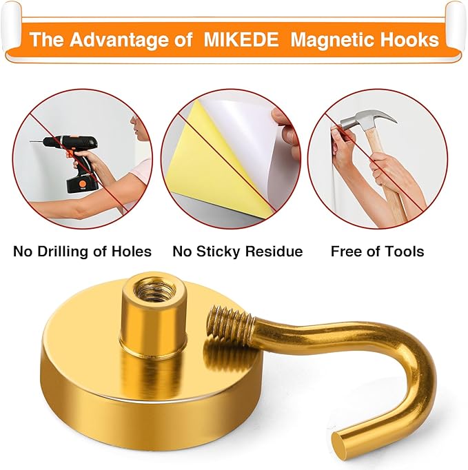 MIKEDE Magnetic Hooks Heavy Duty, 85Lbs Strong Magnets with Hooks for Cruise, Super Neodymium Earth Magnets Hooks for Refrigerator Hanging, Magnetic Hanger for Cabins, Grill (Yellow, 10 Pack)