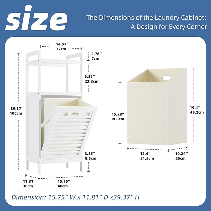 Dimensions of a laundry cabinet and basket with measurements on a blue background