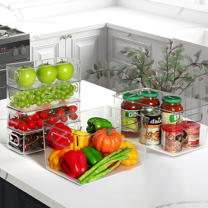 Clear Storage Bins 8 Pack for Fridge,4 Large Plastic Pantry Organizer Bins and 4 Small Stackable Storage Containers for Home Edit, Kitchen, Freezer, Bathroom, Under Bed, Vanity Drawers