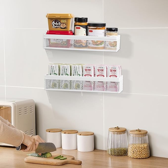 Wetheny Hanging Wall Mount Storage Baskets with Adhesive Hooks & Screwing, Metal Wire Organizer Baskets for Home Decor, Kitchen, Bathroom, Laundry, Closet, Garage, RV Black 2 Packs (White)