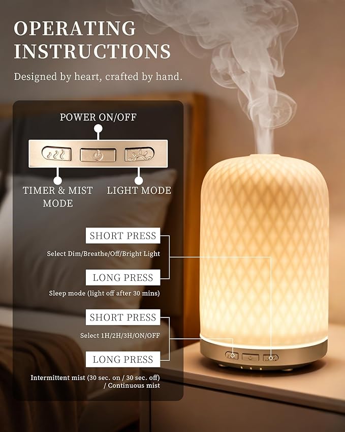 Essential Oil Diffuser - 2.4MHz Ultrasonic Ceramic Diffuser for Home, 120ml, Pulse&Continuous Mist, Bright/Dim/Breathing Lighting, Waterless Auto-Off, Aromatherapy Diffuser with USB Cable