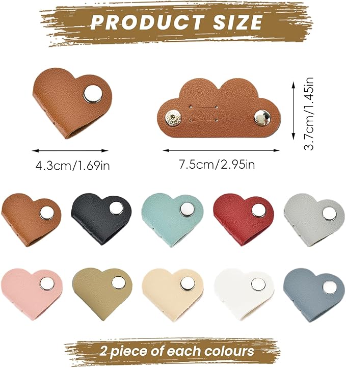 20 Pcs Heart Cord Organizer, PU Leather Cable Straps, Portable Cable Straps for Headphone, Cute Earphones Winder for Travel, School, Office (10 Colors)