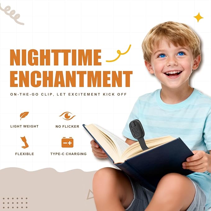 Rechargeable Kids Book Light, Cute Bookmark Reading Light for Kids, Dimmable Portable LED Book Light for Reading in Bed, Eye-Caring Bedtime Reading Lamp for Children & Travel, Black