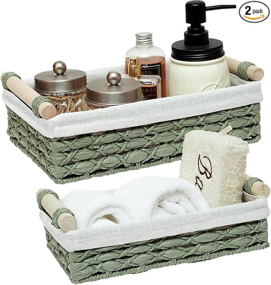Baskets for Organizing, Set of 2 Green Wicker Bathroom Countertop Baskets with Liner, Paper Rope Basket Organizer with Wooden Handles for Vanity, Counter, Shelf Storage