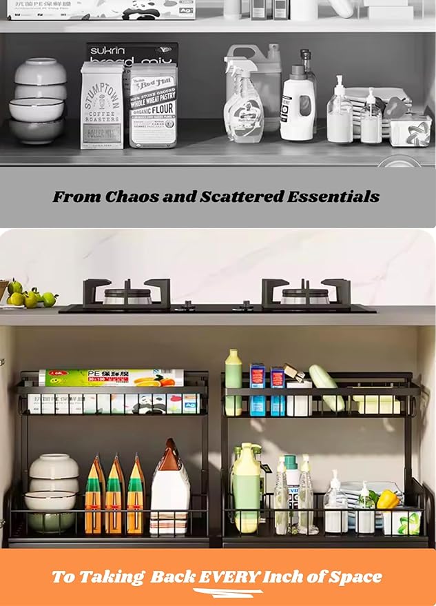 Under Sink Organizer, 2 Tier Pull Out Cabinet Organizer, Adjustable Height, Slide Out Storage Shelf, Sliding Drawers, Under Sink Storage for Kitchen Bathroom Laundry Room Cabinet, White, 2 Pack