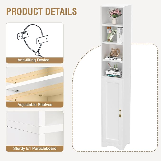 VECELO 71 Inch Tall Storage Cabinet - 6 Adjustable Shelves, Bottom Enclosed Storage, Elevated Moisture-Proof Base, Organizer for Bathroom Kitchen Pantry-White