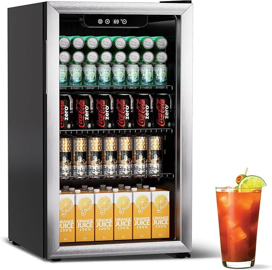 3.1 Cu.ft Beverage Refrigerator Cooler, 110 Can Mini Fridge with Glass Door, Digital Temperature Display for Soda, Beer or Wine For Office Bar with Adjustable Removable Shelves