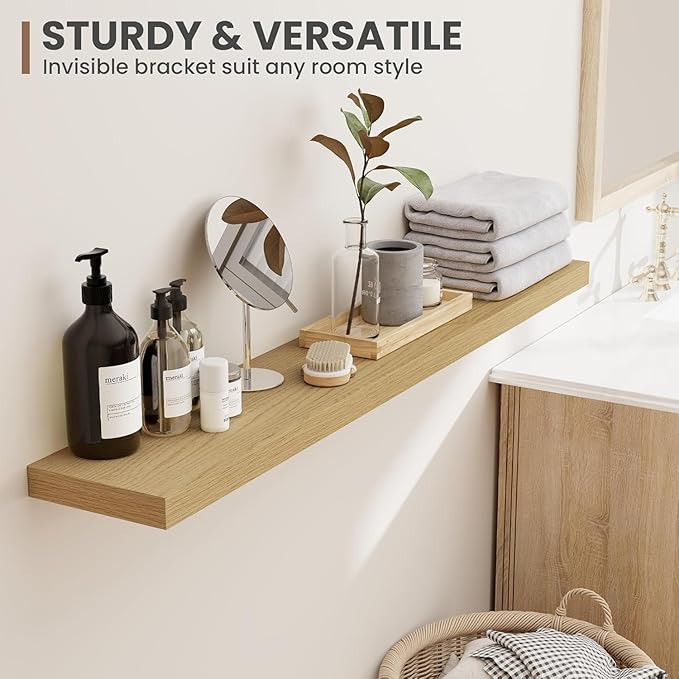 72 Inch Floating Shelves, 8 Inch Deep Floating Shelves for Wall, Hanging Shelf with Invisible Brackets, Deep Shelves for Bathroom, Bedroom, Living Room, Oak, Set of 2
