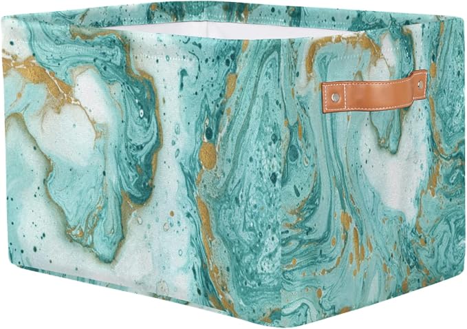 2Pack Turquoise Marble Texture Large Collapsible Storage Bins,Teal Marble Decorative Canvas Fabric Storage Boxes Organizer with Handles,Rectangular Shelves Baskets Box for Home Office Nursery Closet