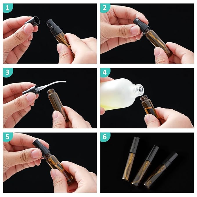 Zhehao 25 Pcs Mini Spray Bottles 5 ml Clear Glass Perfume Bottles Refillable Fine Mist Perfume Atomizer Portable Empty Sample Containers for Cleaning, Essential Oils, Travel (Amber)