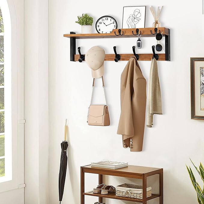 4 in 1 Coat Rack Wall Mount with Shelf, Coat Hooks 25.2" Entryway Coat Hanger with Key Hooks and Mail Holder, Wall Hooks with Shelf, Hat Rack for Wall Key Holder Mail Organizer