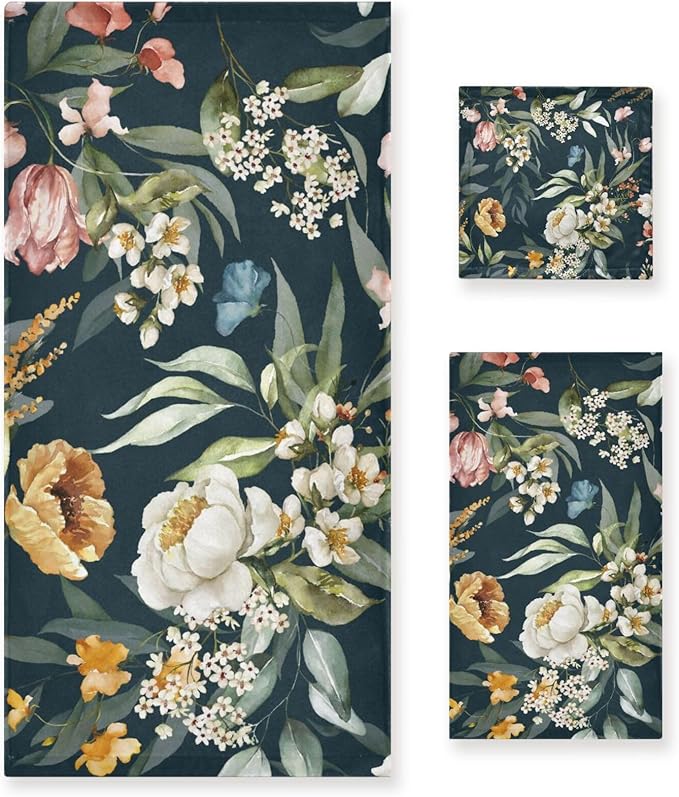 Orange White Floral Bath Towel Set - 3 Piece Vintage Green Leave Flower Set (1 Bath, 1 Hand, 1 Washcloth) - Absorbent Decorative Bathroom Towels for Fingertip, Hair, Face