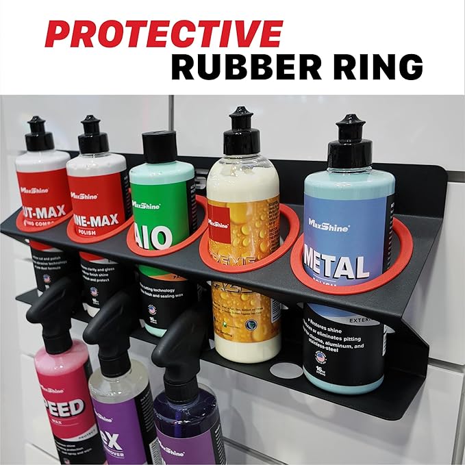 Universal Detailing Spray Bottle Holder (6-Pack) – Wall-Mounted Organizer Holds 5 Spray Bottles (16oz/32oz) with 4 Small Holes – Lightweight Rack for Garage Storage & Mobile Detailing