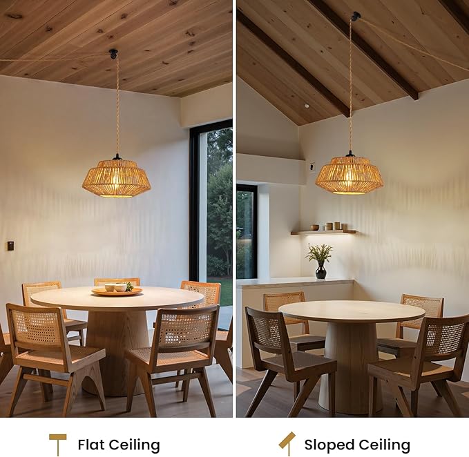 Hanging Lamp Plug in Pendant Light - Boho Hanging Light 11.8 inch Rattan Pendant Lights for Ceiling Dimmable Hanging Lamps for Living Room Bedroom Kitchen Farmhouse with 23ft Cord