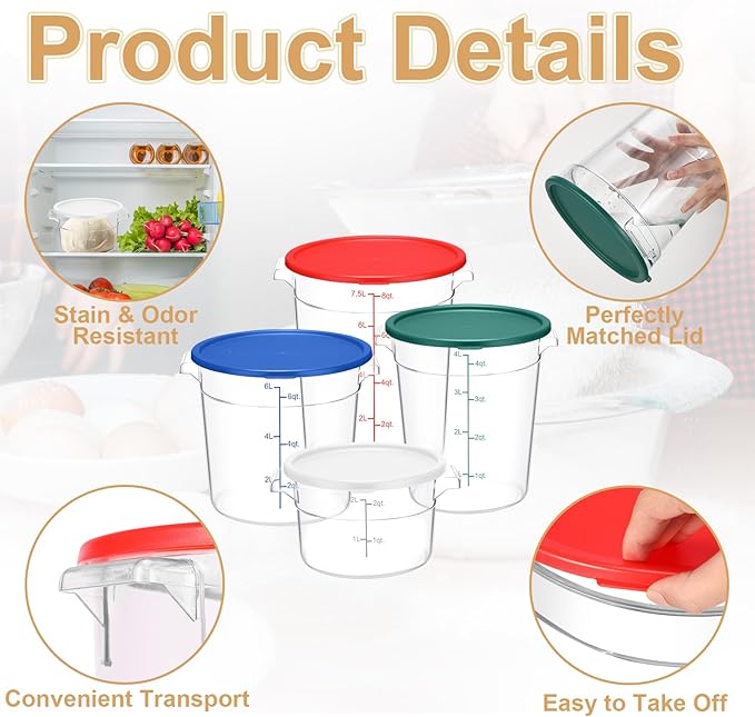 Sawysine 4 Pcs Food Storage Container with Lids Set Proof Dough Clear Round Commercial Containers with Scales and Handles for Bread Dough Rise Restaurant Home Food Storage (2 Qt 4 Qt 6 Qt 8 Qt)