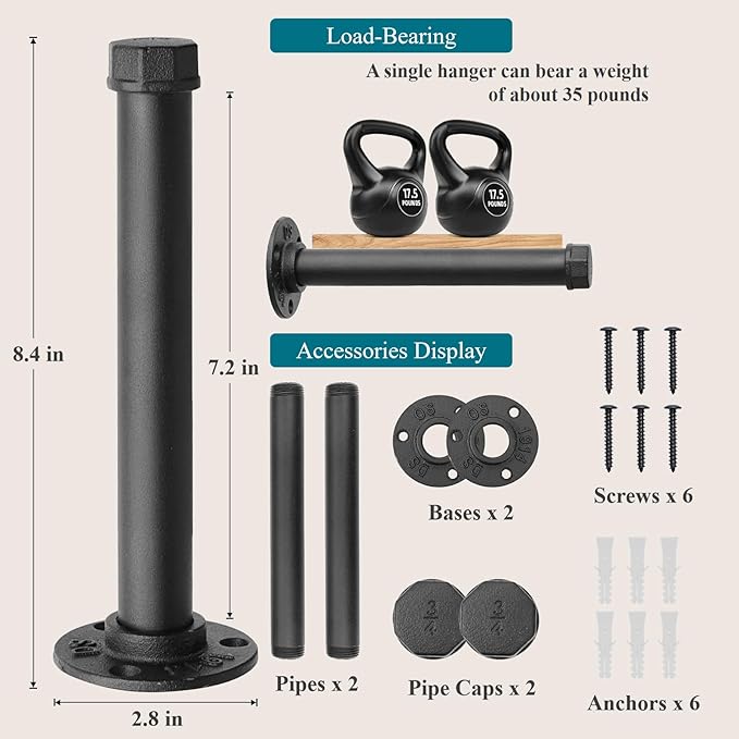 Cast Iron Wall Mounted Clothes Rack, Heavy Duty Industrial Pipe Clothing Rack for Hanging Clothes, Garment Racks for Wardrobe Organizers and Storage, DIY Closet Rods Closet Bar (Black 2 Pack, 8 in)