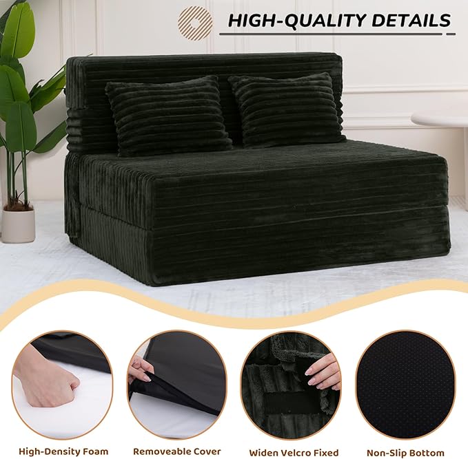 Folding Sofa Bed Twin, Convertible Sleeper Chair Loveseat with Pillow, High-Density Futon Chair Bed, Foldable Sofa Sleeper Floor Couch for Bedroom Living Dorm Guest Room, Charcoal Moss Grey