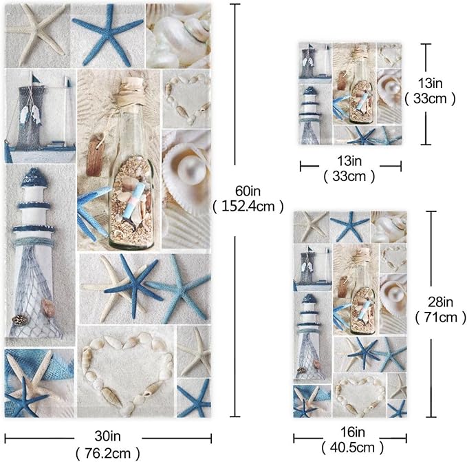 Nautical Beach Themed Bath Towels Set,Absorbent Soft 3 Piece Coastal Blue White Starfish Lighthouse Towels for Bathroom,1 Bath Towel 1 Hand Towel 1 Washcloth,Decoractive Guest Bathroom Towels