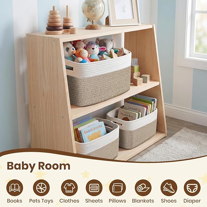 Storage Baskets for Organizing, 14 x 10 x 9” Closet Shelf Woven Baskets, Square Bins with Handles, Cotton Rope Basket for Toys, Clothes, Office, Room, White+Rice Brown 4 Pack