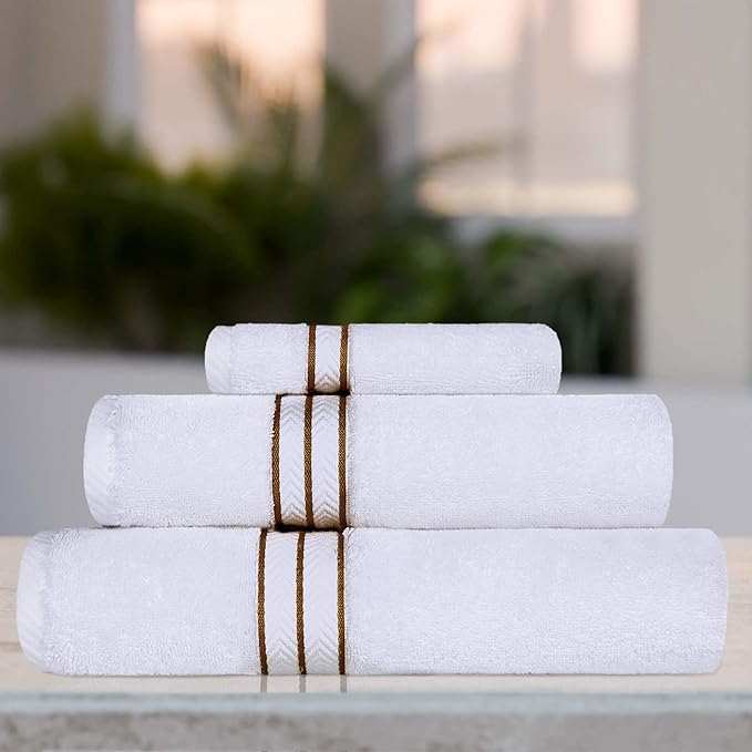 Superior Hotel Turkish Cotton 3 Piece Towel Set, Ultra Plush Spa Quality Heavyweight Essentials for Bathroom, Thick Absorbent and Soft, Dobby Border, Includes 1 Bath 1 Hand 1 Washcloth, Toast