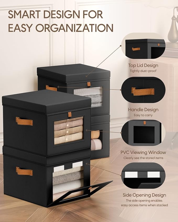 Storage Bins with Lid – Closet Organizer with Side Opening and Clear Window, Foldable Stackable Fabric Basket for Clothes, Home, Office - 13.77" x 11.8" x 9.8", 5 Pack, Black