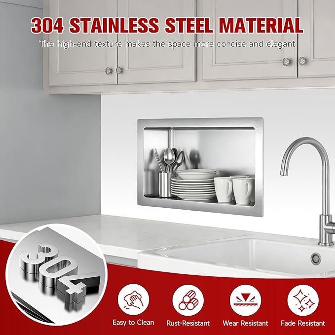 No Tile Needed Shower Niche 13"X 19", Bathroom Wall Niche Single Shelf, Stainless Steel Shower Niche for Bathroom, Kitchens, Balconies