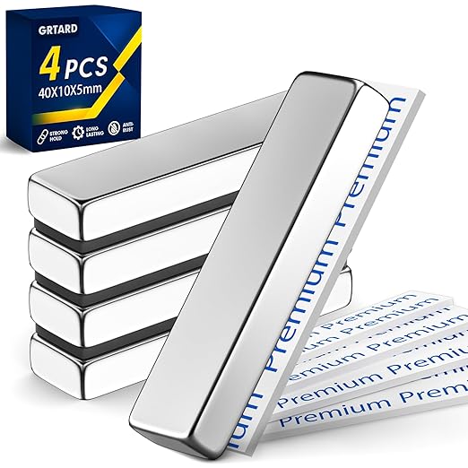 Grtard 4 Pack Neodymium Bar Magnets, Rare Earth Magnets Metal Neodymium Magnet with Double-Sided Adhesive for Fridge and Office Projects, 40x10x5mm(Silver)