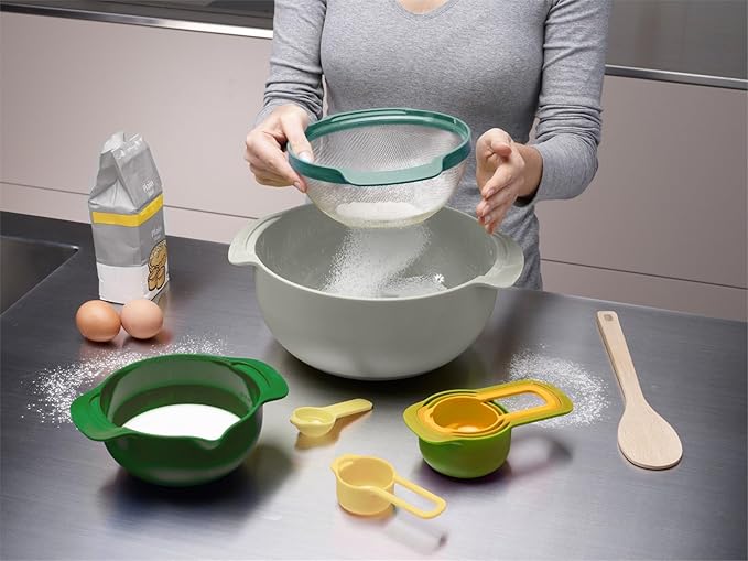 Joseph Joseph Nest 9 Nesting Bowls Set with Mixing Bowls Measuring Cups Sieve Colander, 9-Piece, Blue