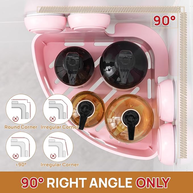 LEVERLOC Corner Shower Caddy Suction Cup, Powerful Suction Bathroom Shower Shelf, Waterproof and Rustproof Organizer for Bathroom Storage and Kitchen, No-Drilling Removable, Pink