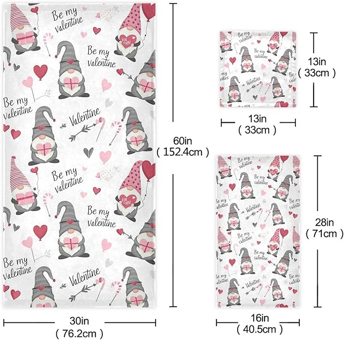 Cute Gnomes Hearts Pink Towels Set of 3 Romantic Romantic Love Spring White Bathroom Towel Soft Absorbent Bath Hand Towels Washcloth Guest Towel Sets Mother Valentine Decorations