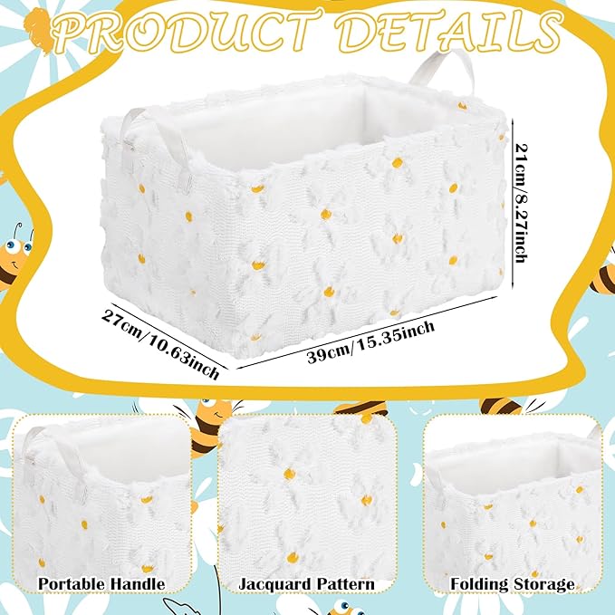 Kathfly Daisy Storage Baskets Plush Faux Fur Jacquard Design Laundry Basket with Handles Waterproof Flower Storage Bins Fabric Shelf Baskets for Organizing Closet Clothes